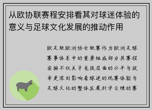 从欧协联赛程安排看其对球迷体验的意义与足球文化发展的推动作用