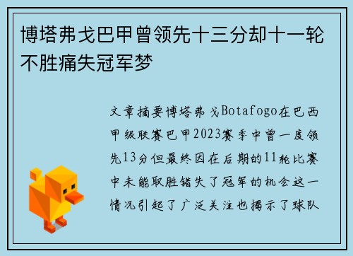 博塔弗戈巴甲曾领先十三分却十一轮不胜痛失冠军梦