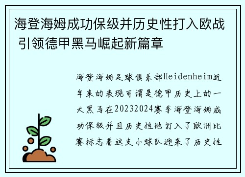 海登海姆成功保级并历史性打入欧战 引领德甲黑马崛起新篇章
